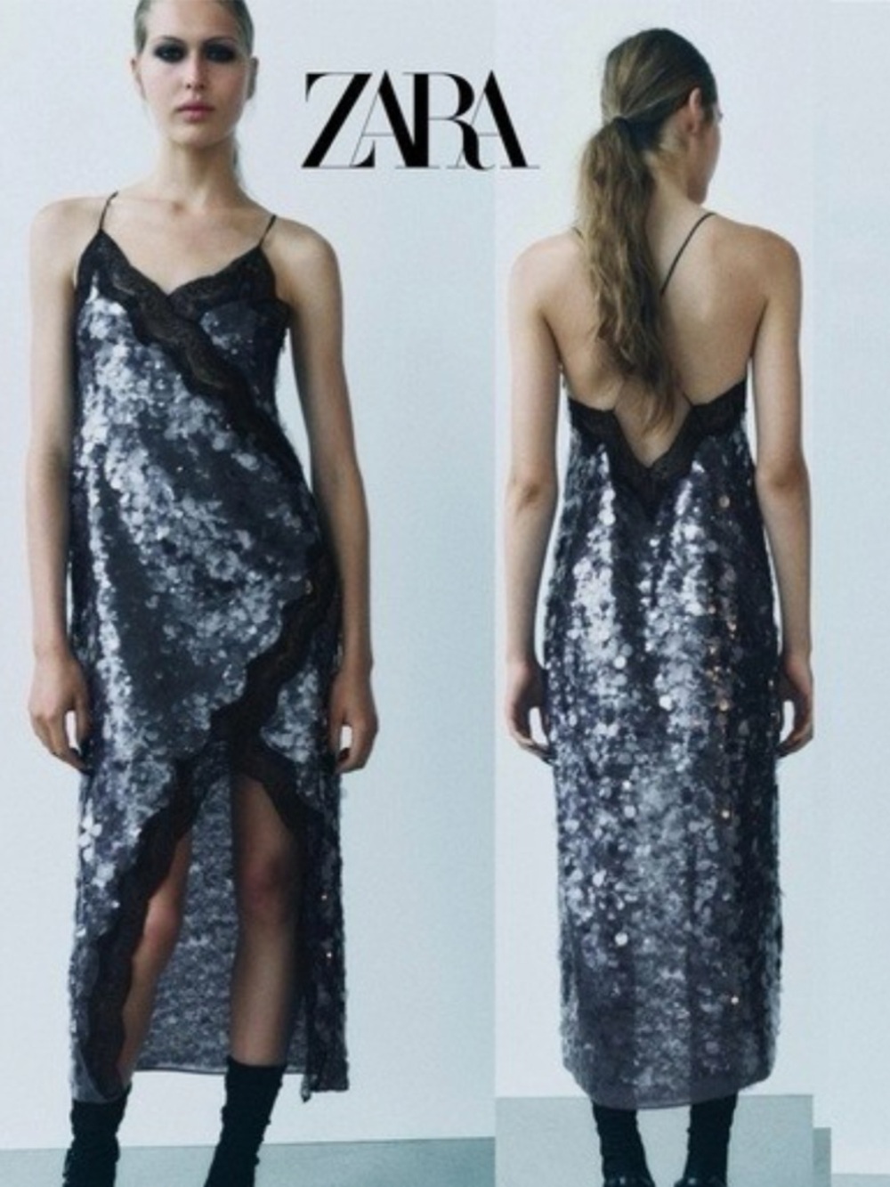 ZARA Black Sequin Slip Dress with Lace Trim szS